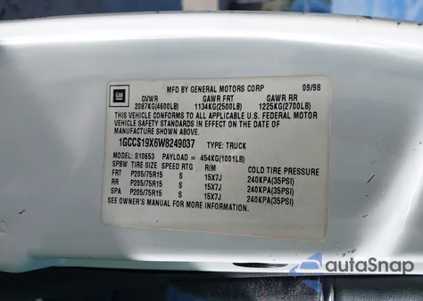 1998 Chevrolet S-10 Ls Fleetside z USA, uszkodzony, nr VIN 1GCCS19X6W8249037